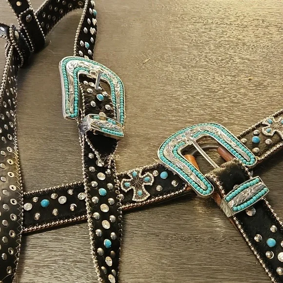 Western Horse Bridle & Breast Collar With Crosses And Turquoise Bling Belt Style - Picture 2 of 8